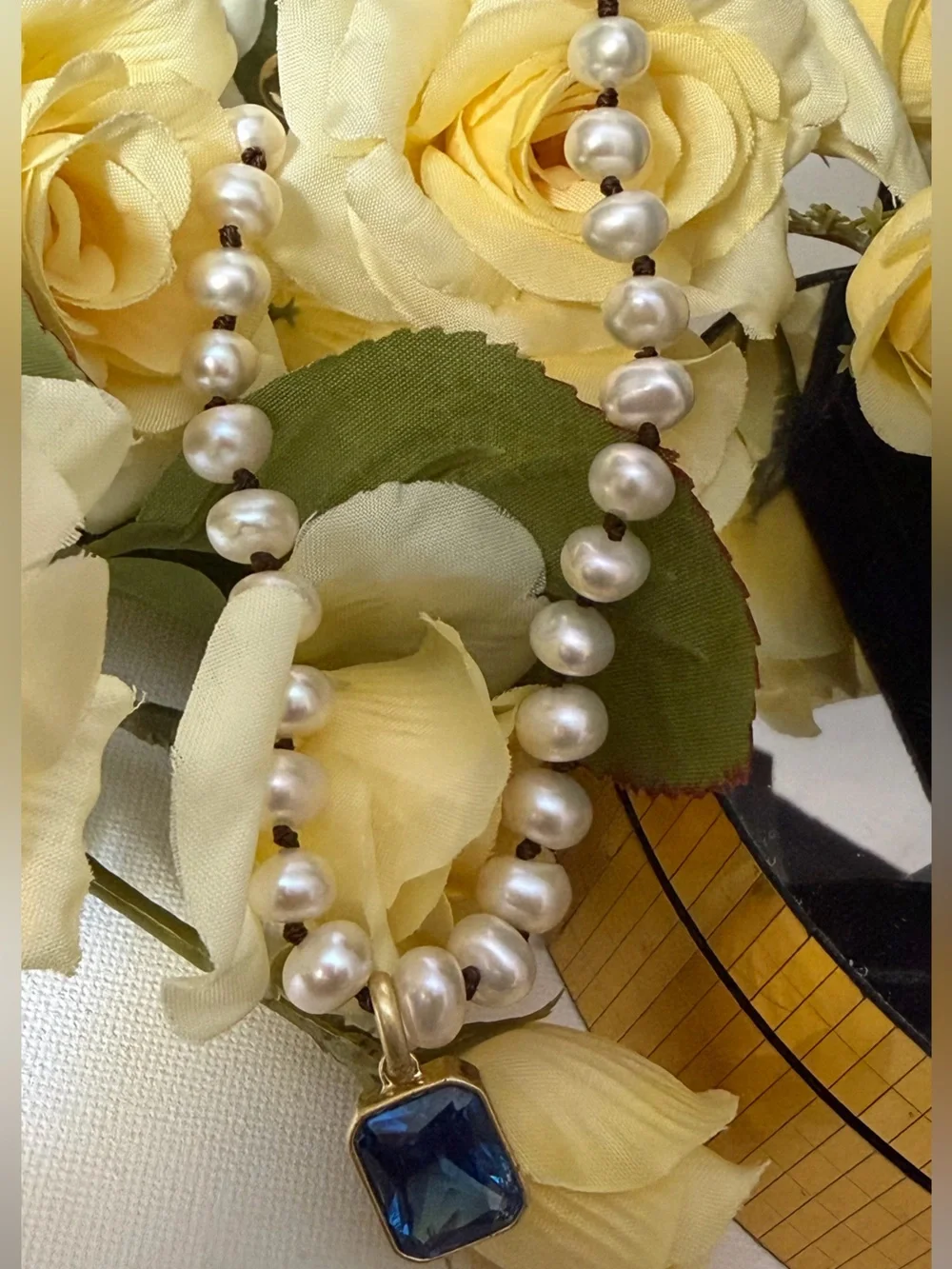 Roxanne Assoulin Freshwater Pearl Necklace with Royal Blue Zirconia Pendant NEW